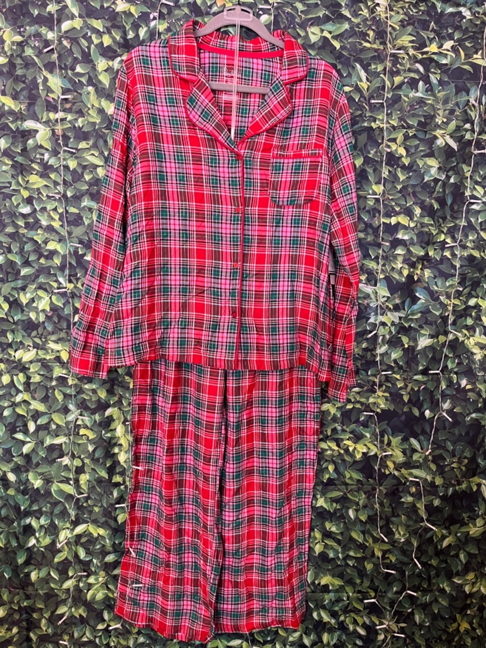 Pink Red Green White Gold Plaid Two-Piece Pajama Set